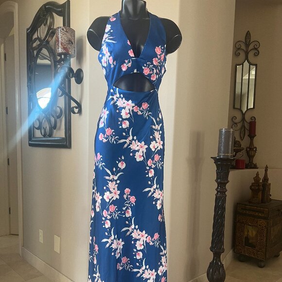 MAC DUGGAL 55984 FLORAL BLUE MULTI CUTOUT FRONT SLIT SATIN HALTER GOWN sz 2
